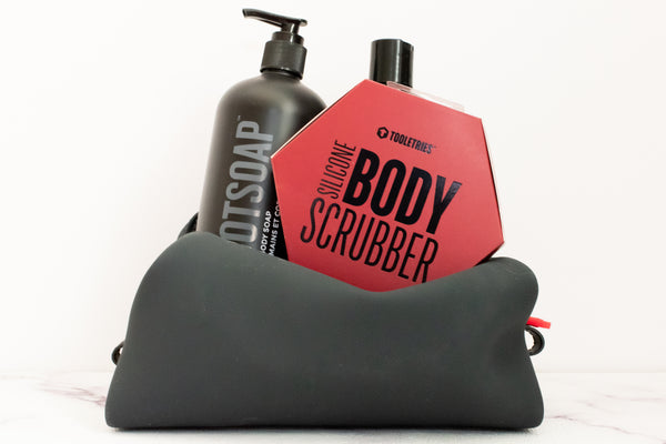 Heavy Duty Bundle | Shampoo + Hand & Body Soap 500ml, Body Scrubber, Large Dopp Kit