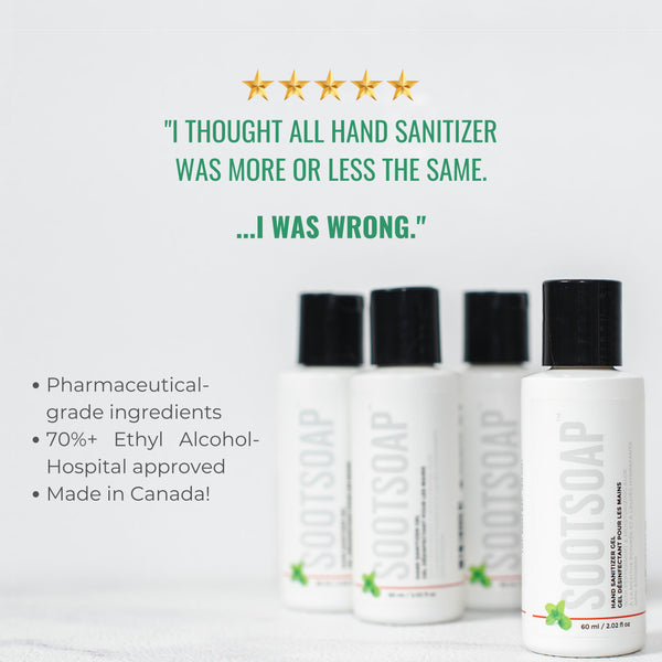 Quote with 4 bottles of SOOTSOAP mini hand sanitizer - "I thought all hand sanitizer was more or less the same. I was wrong."